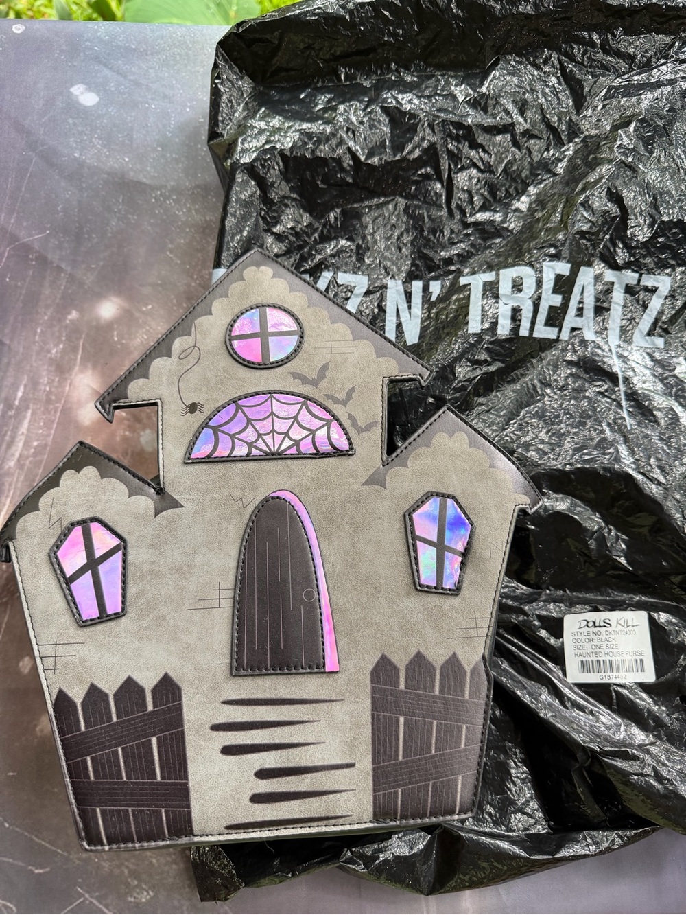 Dolls Kill Gray Haunted House Wall Art with Pink Holographic Windows